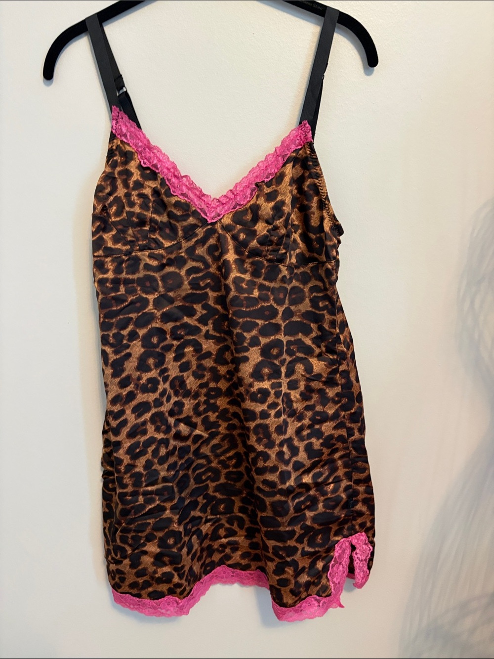 Tripp nyc Leopard Satin Slip Dress with Hot Pink Lace